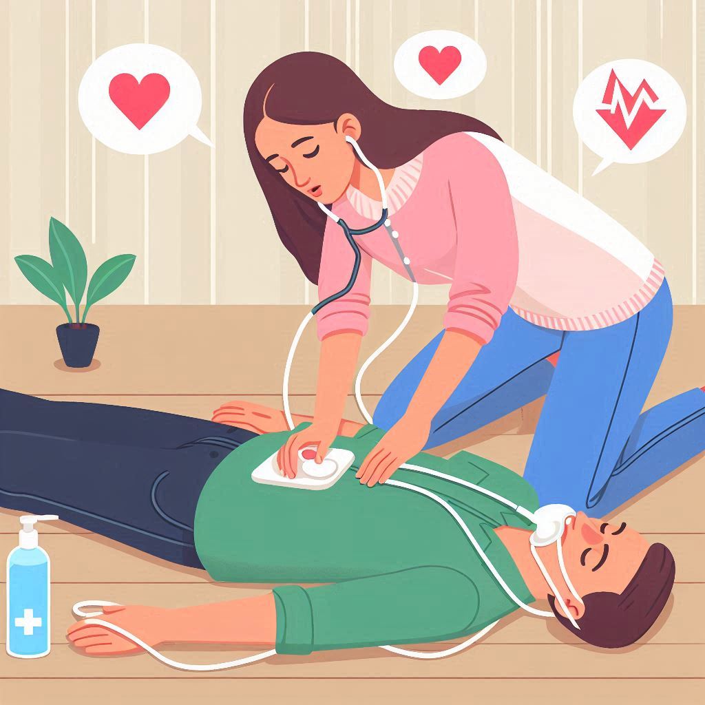 倒れた男性に心肺蘇生術を行う女性